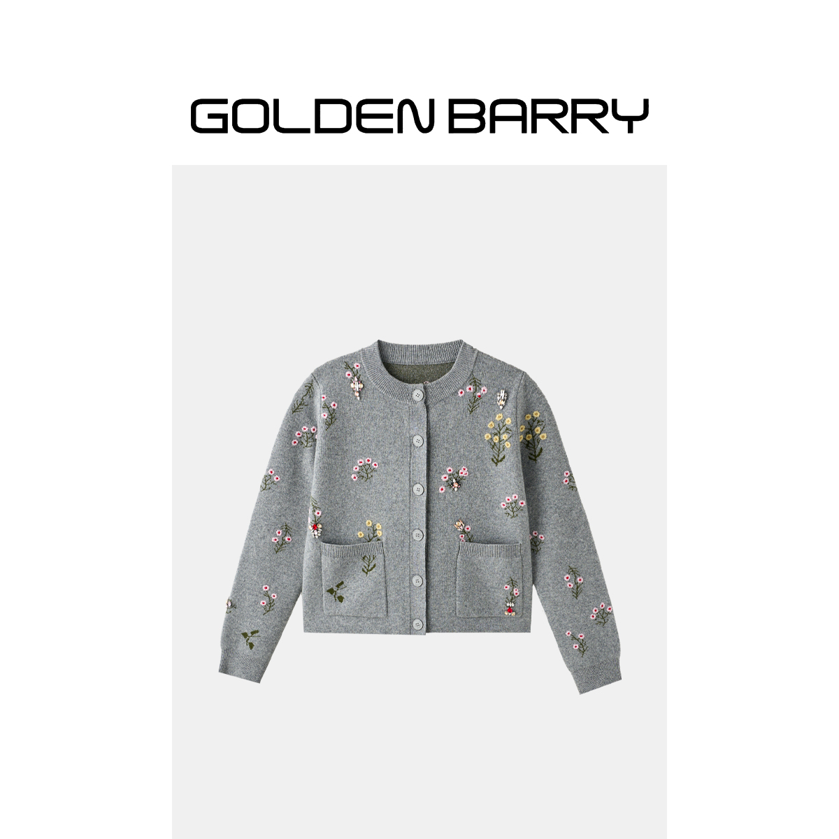 GOLDENBARRY|241192圆领绣花时尚休闲羊毛刺绣花朵开衫