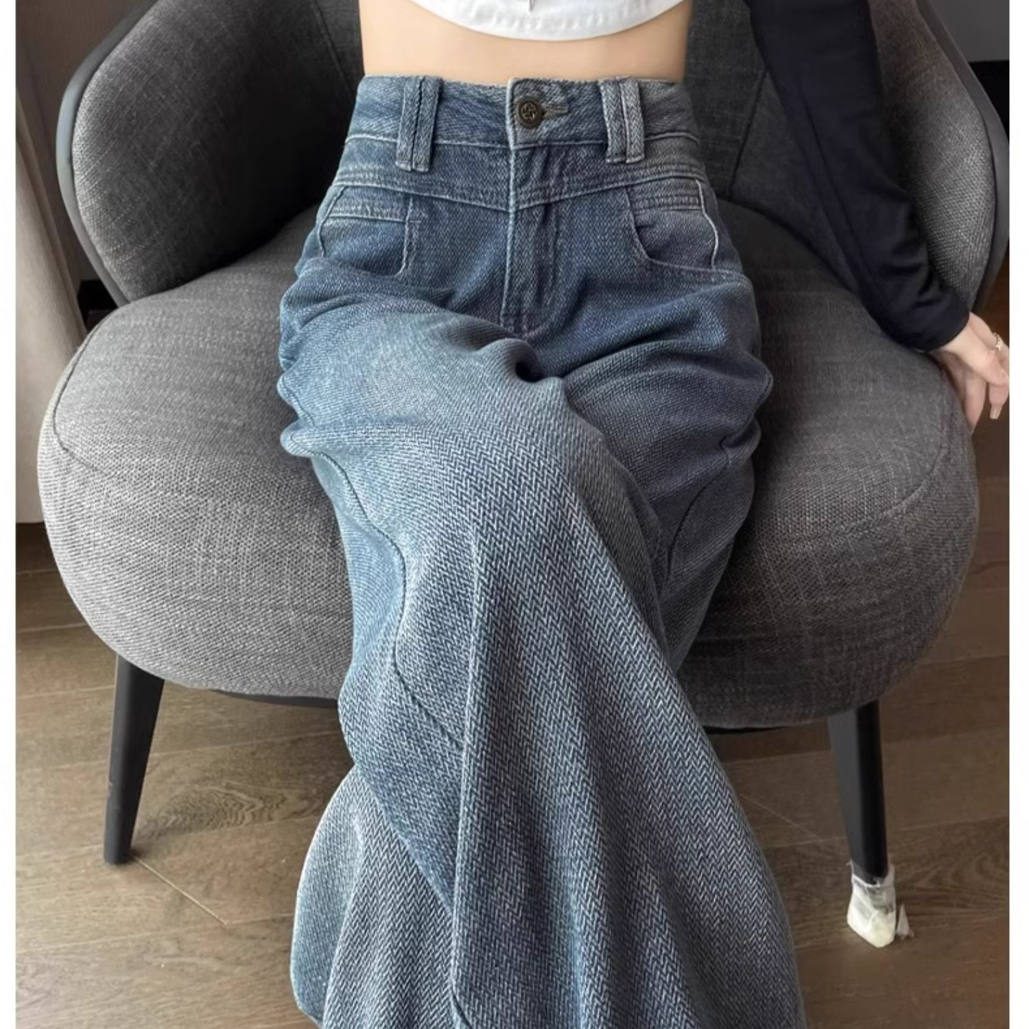 【现货】高腰直筒麦穗牛仔裤女大码胖mm新款遮胯显瘦宽松阔腿