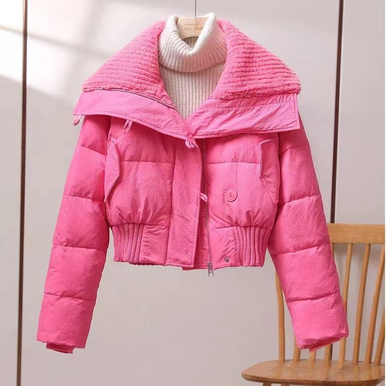 2023年新款高腰羽绒服女短款小个子羊羔毛翻领拼接冬季棉袄