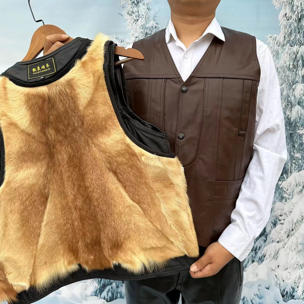 凯豪硕齐牛皮内胆马甲真皮男皮毛一体秋冬季加厚保暖坎肩爸爸装
