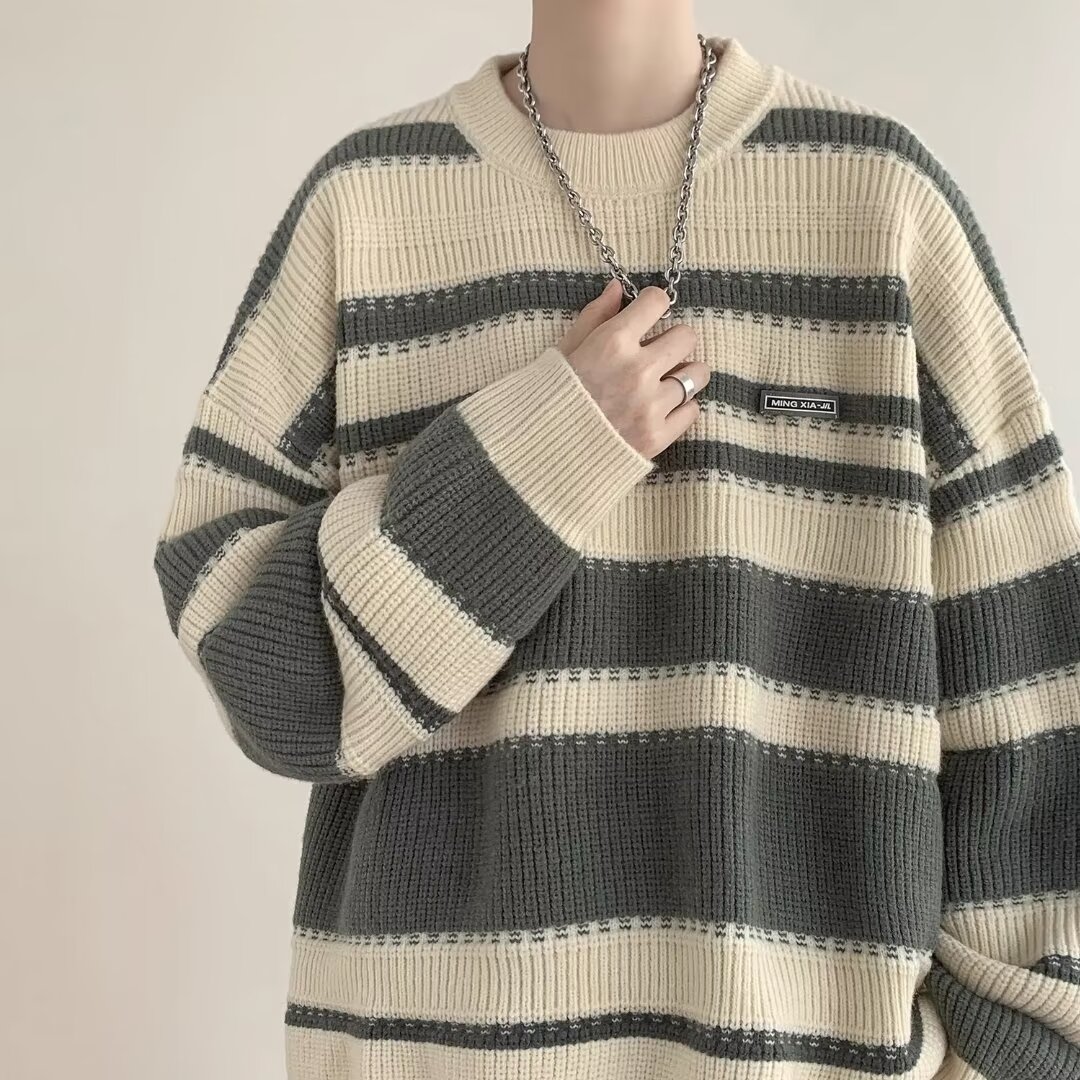 慵懒风情侣毛衣男款2023秋季潮流宽松线衣外套港风拼色条纹针织衫