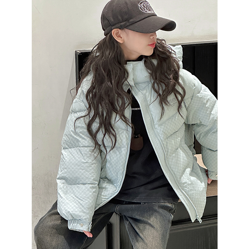 K27771女童连帽羽绒服2025新款秋冬装儿童格纹外套女大童衣服时髦