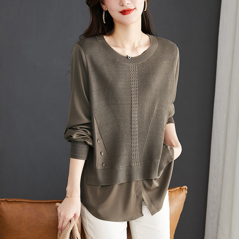 加大码秋装薄款衫女胖洋气假两件上衣宽松遮肚子设计感洋气打底衫