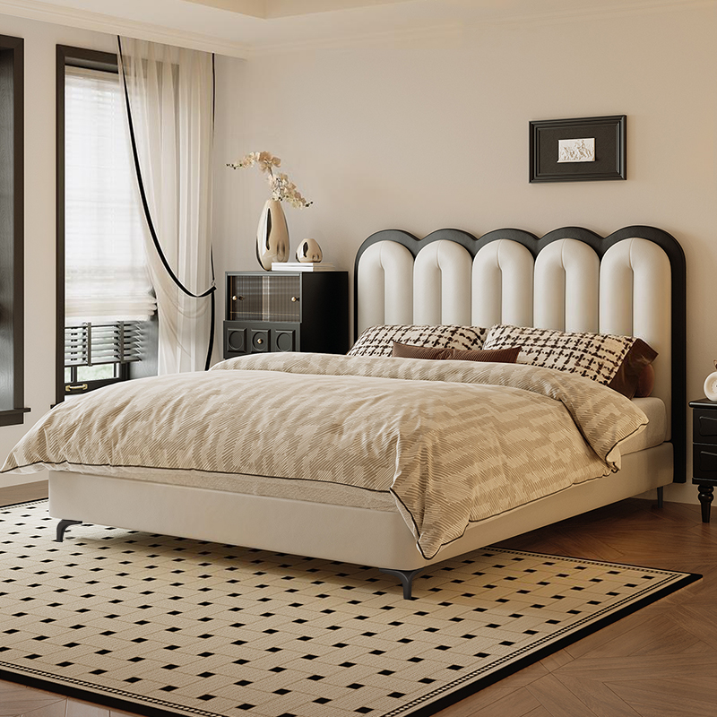 法式复古奶油风悠悠床皮床软包中古风床高靠背美式家具主卧大床