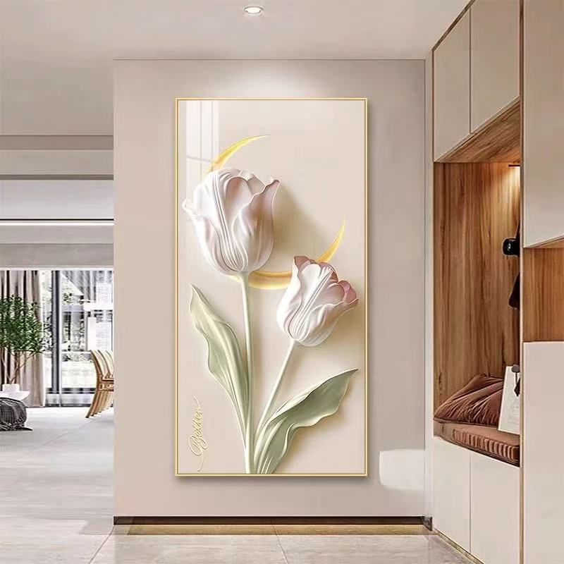 奶油风客厅竖版晶瓷装饰画牡丹花卉玄关挂画花开富贵入户正对墙面