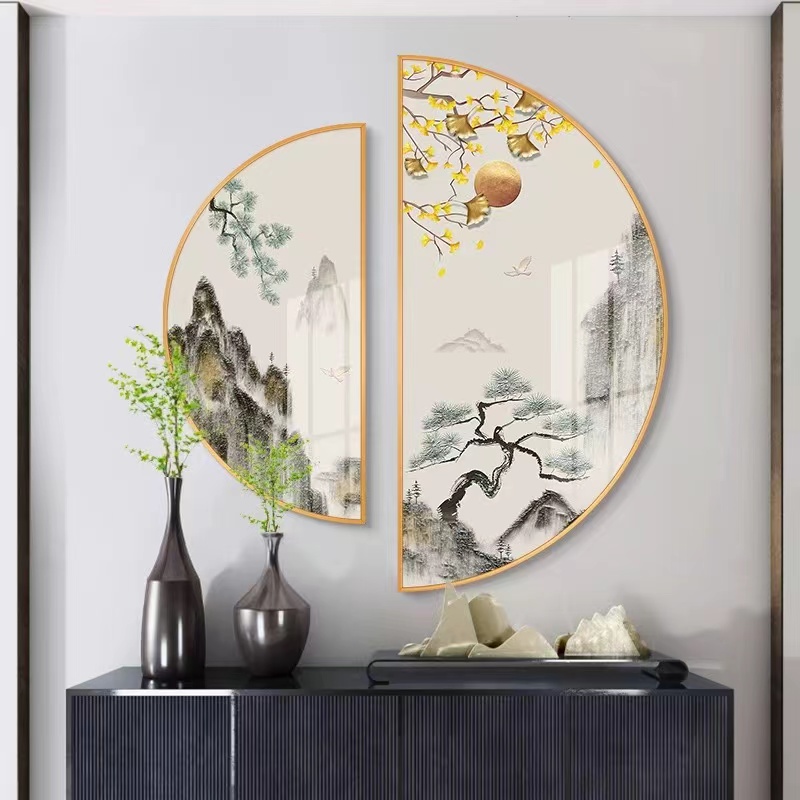 半圆形 组合画茶室新中式装饰画墙面挂画客厅沙发半圆形晶瓷画