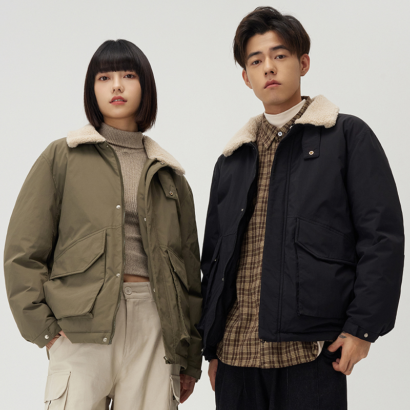 冬季休闲工装羽绒服秋冬男女同款短款潮牌翻领情侣冬季白鸭绒外套