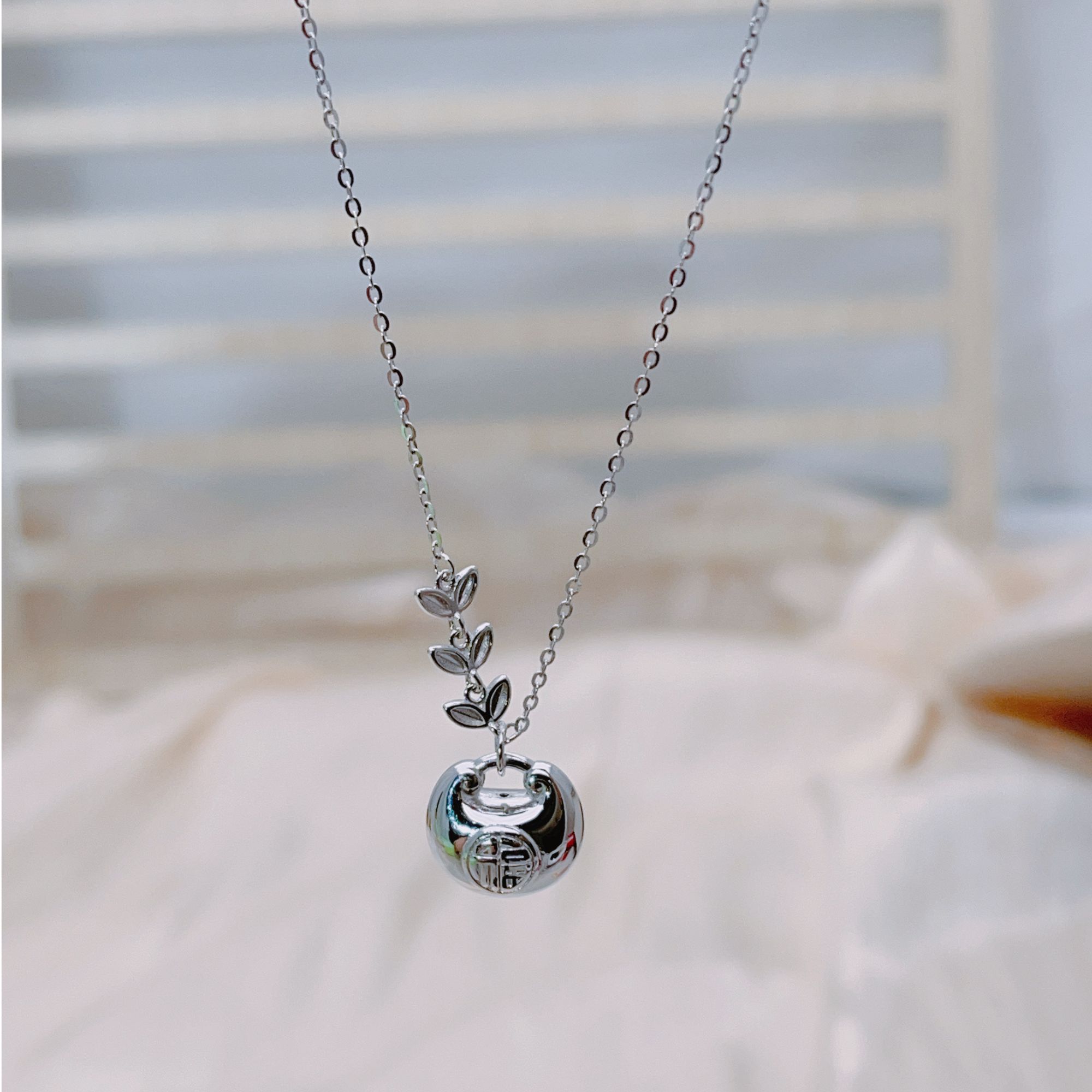 宸尊 坠链均925银 麦穗胖福坨项链纯银平安吊坠女新中式锁骨链