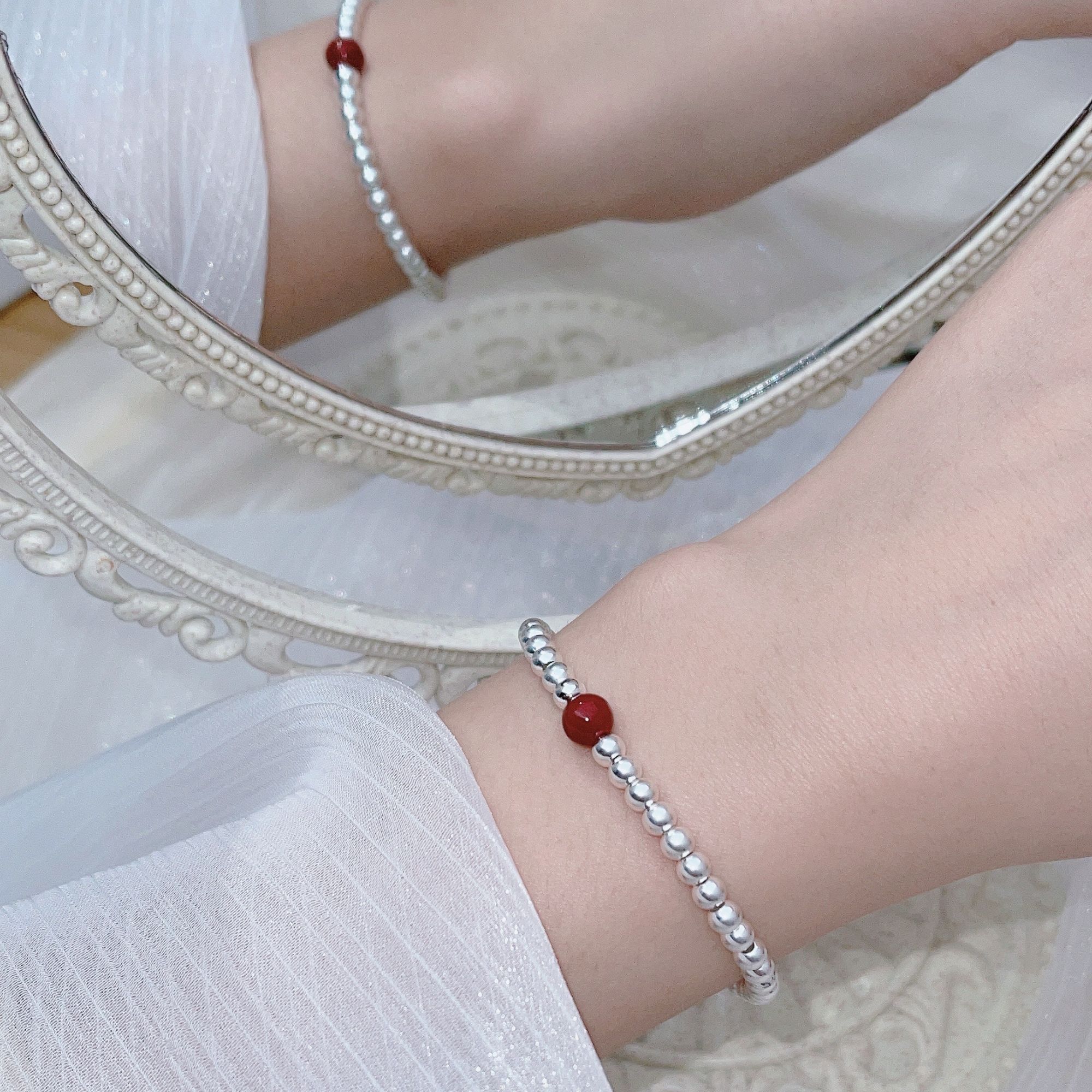 宸尊 足银手链 足银串珠手链女相思豆幸运手串精致送闺蜜节日礼物