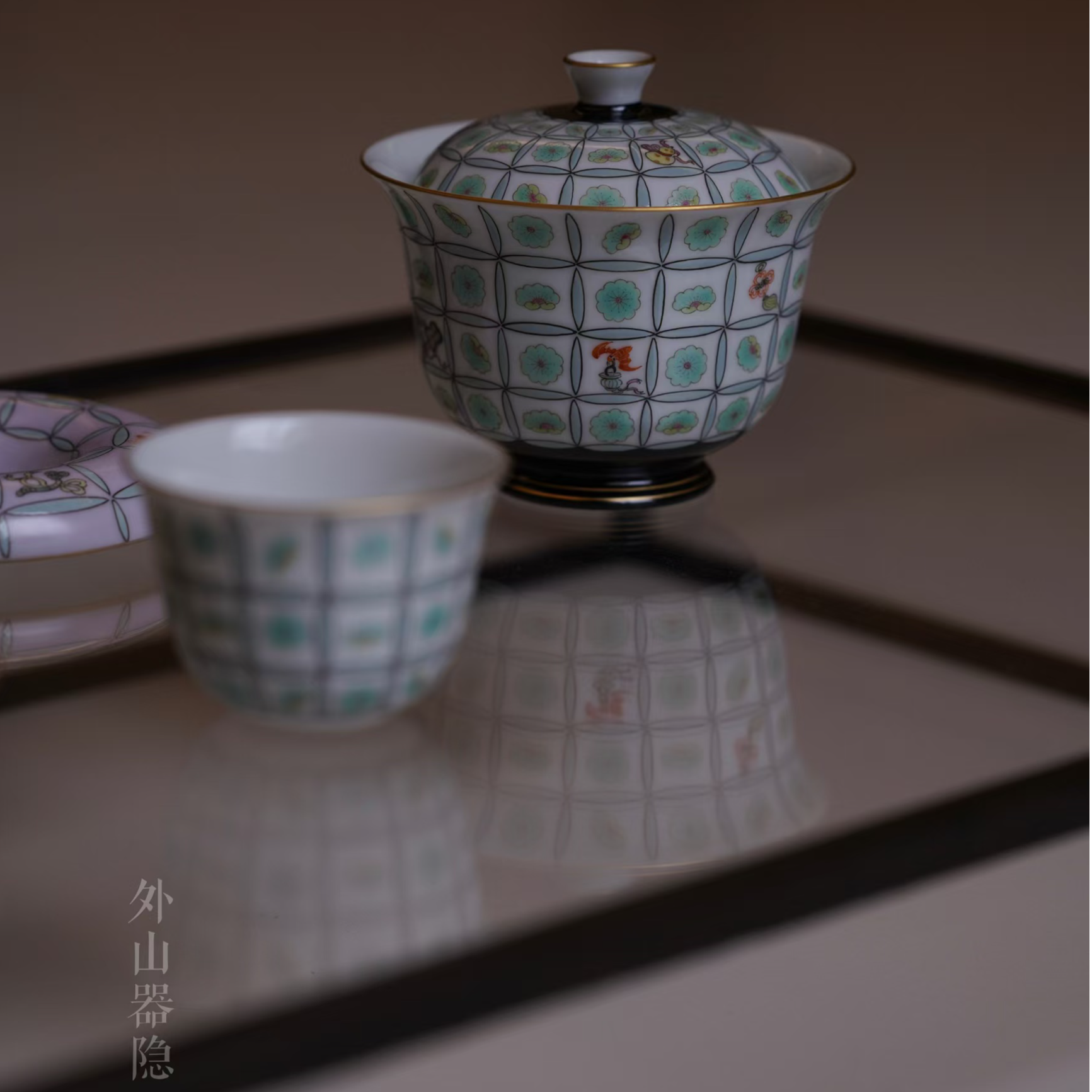 外山器隠-黑地方式樱花纹盖碗 景德镇手工手绘古彩描金盖碗