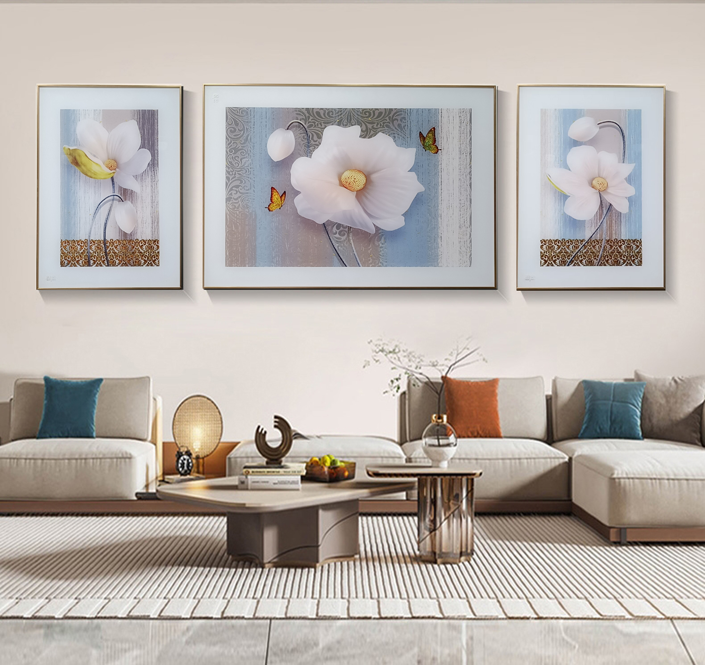 《花开富贵》#璃晶画客厅三联画