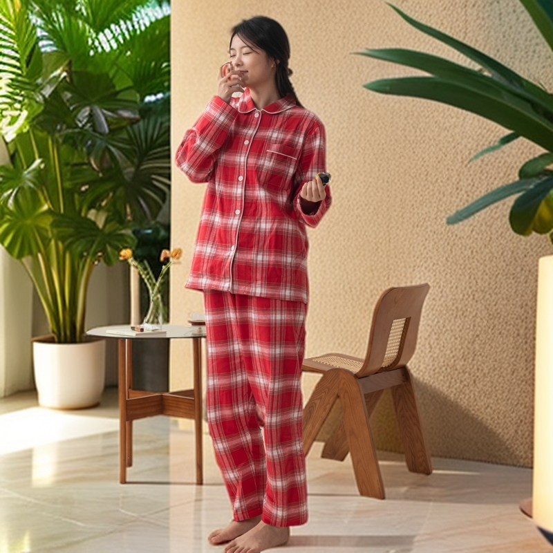 优选【法兰绒磨毛家居服】全棉纯棉宽松格子秋冬色织居家睡衣服