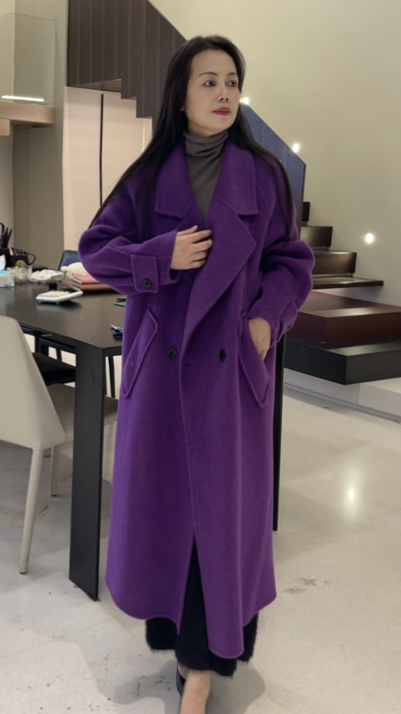 高级感重工翻领双面毛昵大衣女秋冬中长款质感宽松廓形毛呢外套