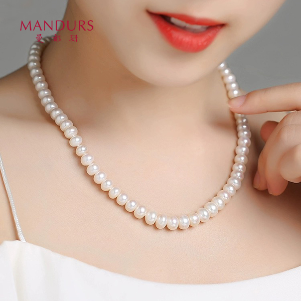 Mandurs/曼都珊S925银扣头淡水珍珠项链8mm-9mm算盘珠M856百搭