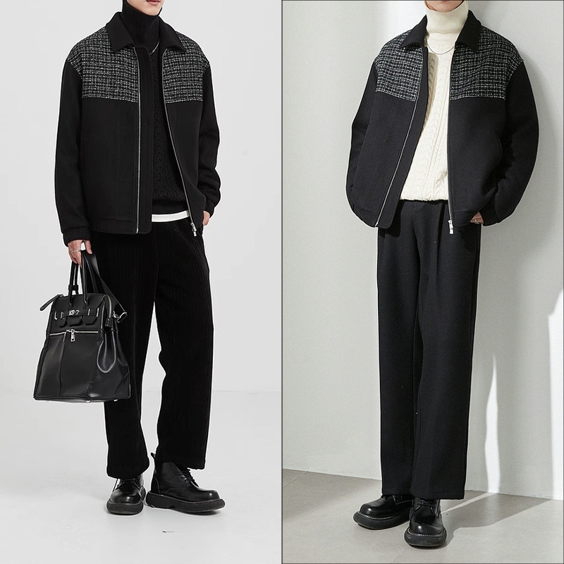 无品牌冬款高级感拼接毛呢羊毛夹克加男士208#