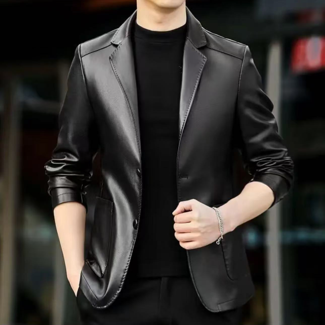 【Eaca】男士春秋时尚经典大气款休闲西服真皮上衣外套24-11