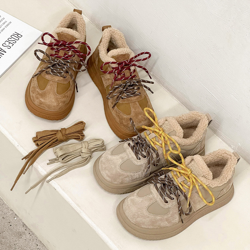真皮加绒德训鞋雪地靴女2024秋冬新款毛毛鞋加厚软底保暖防寒棉鞋