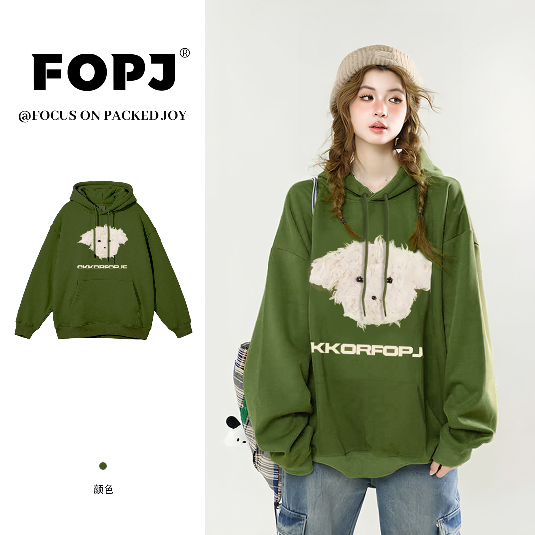 FOPJ韩版设计感小众连帽衫卫衣女春秋季长袖时尚印花宽松加绒外套