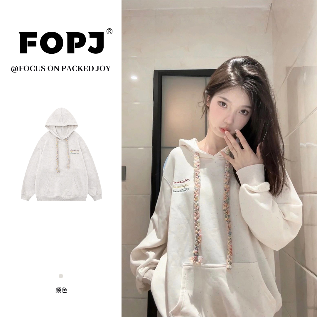 FOPJ刺绣款春秋时尚连帽衫卫衣女设计感宽松长袖加绒加厚小众外套