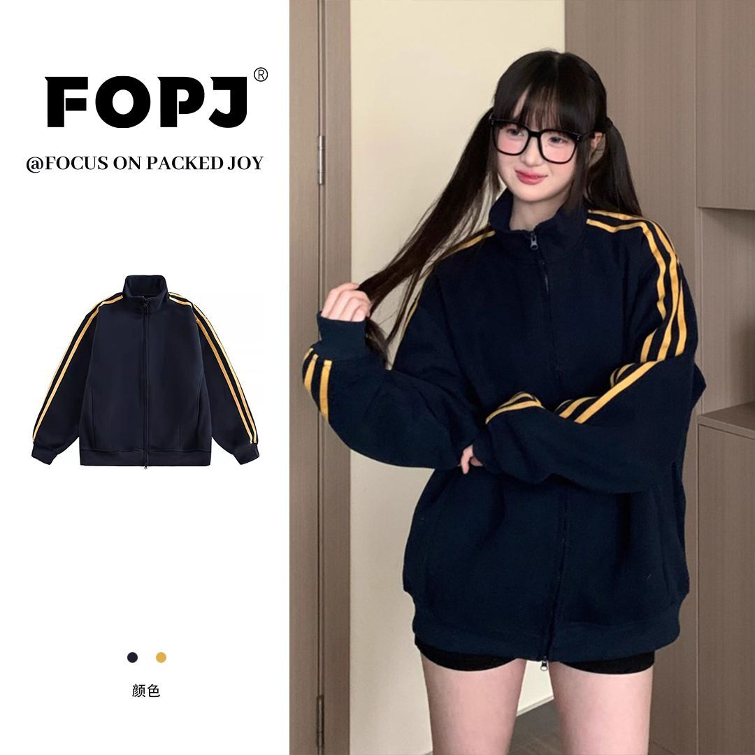 FOPJ时尚宽松美式立领纯色卫衣女春秋季长袖加绒加厚新款潮流外套