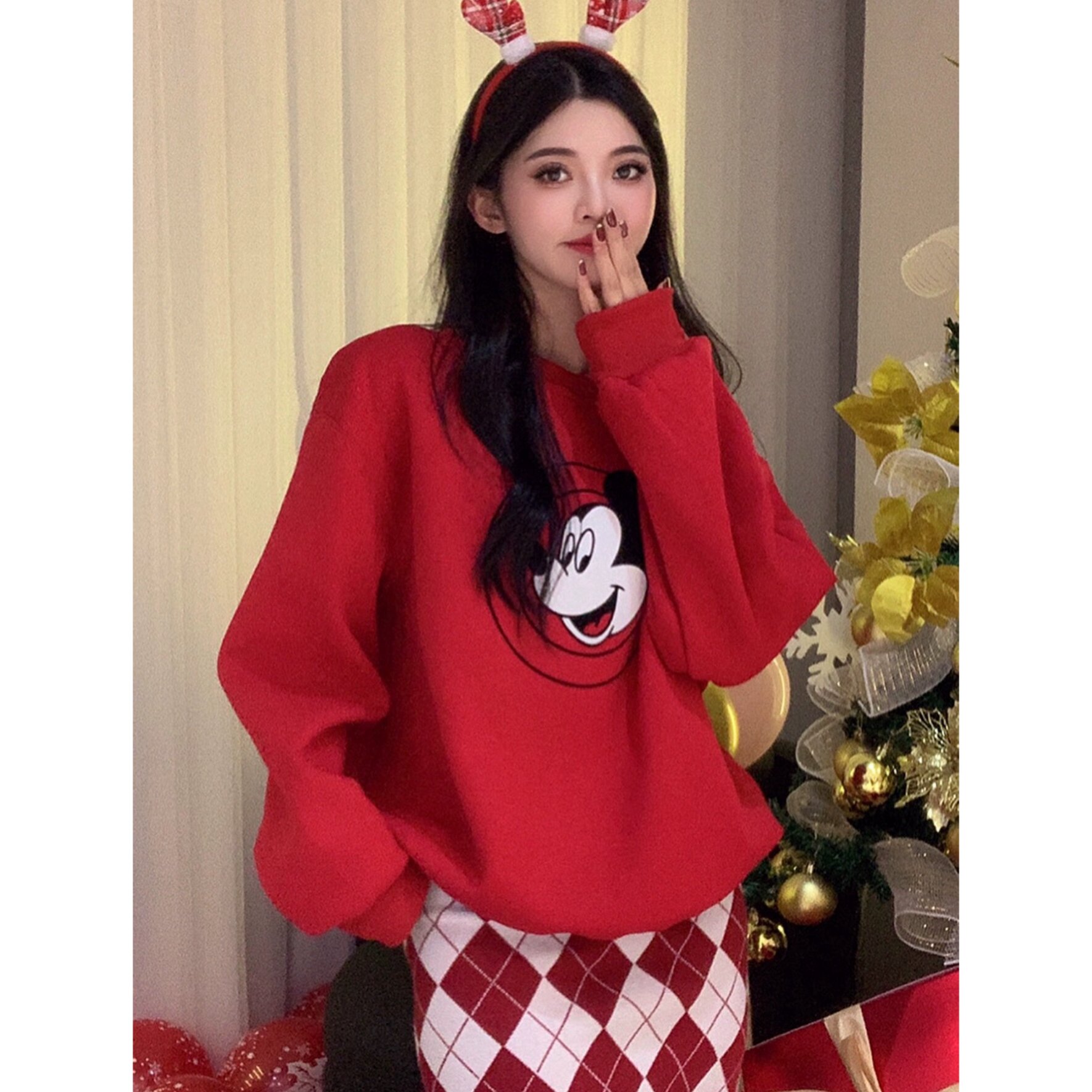 圣诞新款红色圆领卫衣女秋冬季宽松百搭加绒加厚显瘦韩版上衣