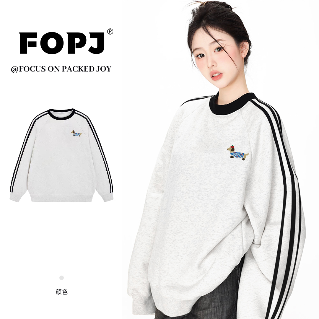 FOPJ韩版时尚潮流卡通印花圆领卫衣女春秋季长袖宽松加绒加厚外套