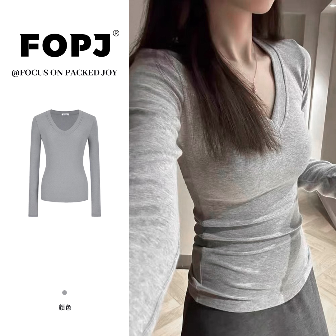 FOPJ春秋季时尚新款打底衫紧身显瘦长袖保暖V领T恤女纯色套头上衣
