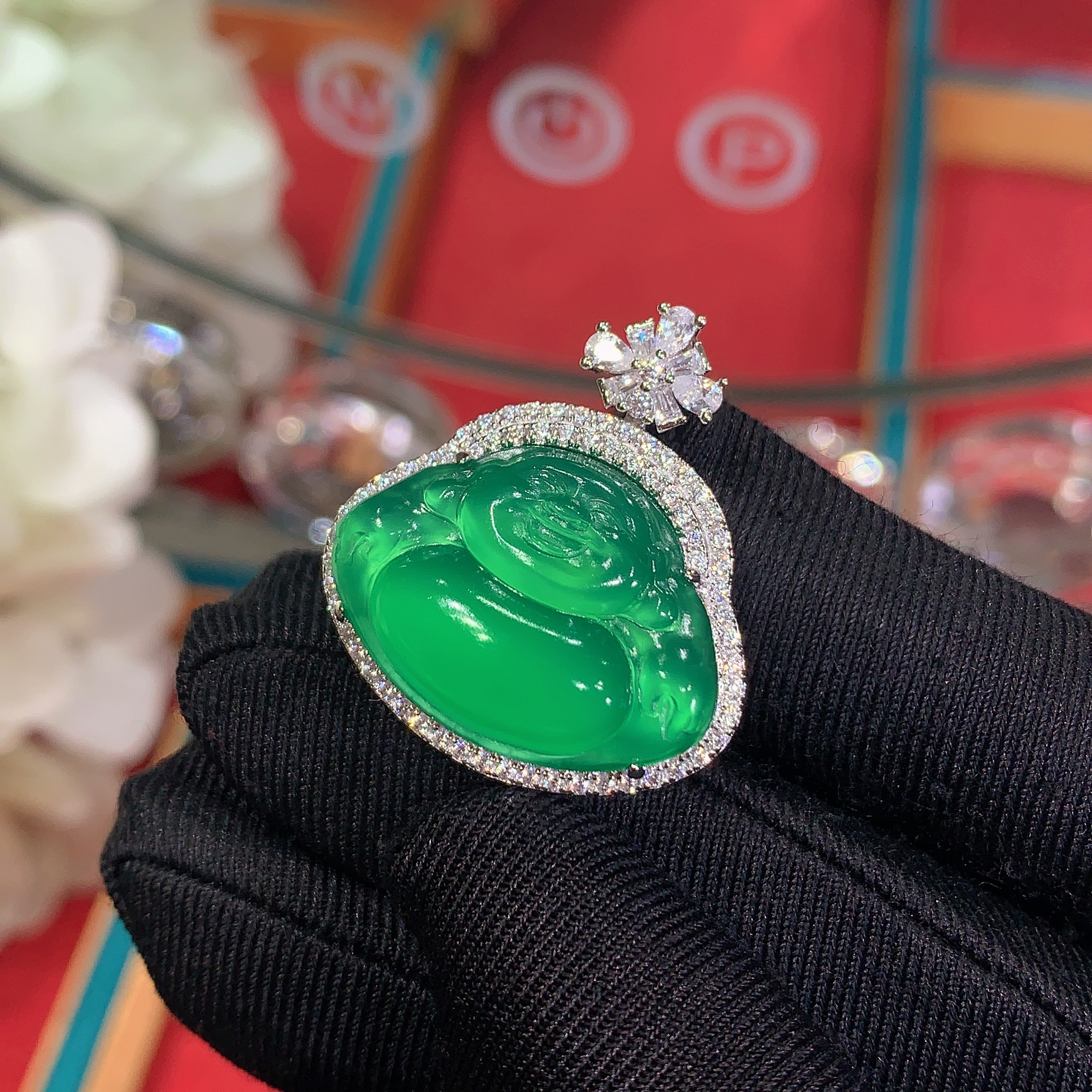 S925银镶嵌天然绿玉髓弥勒佛公吊坠小众玉石新款舒佛时尚项链挂件