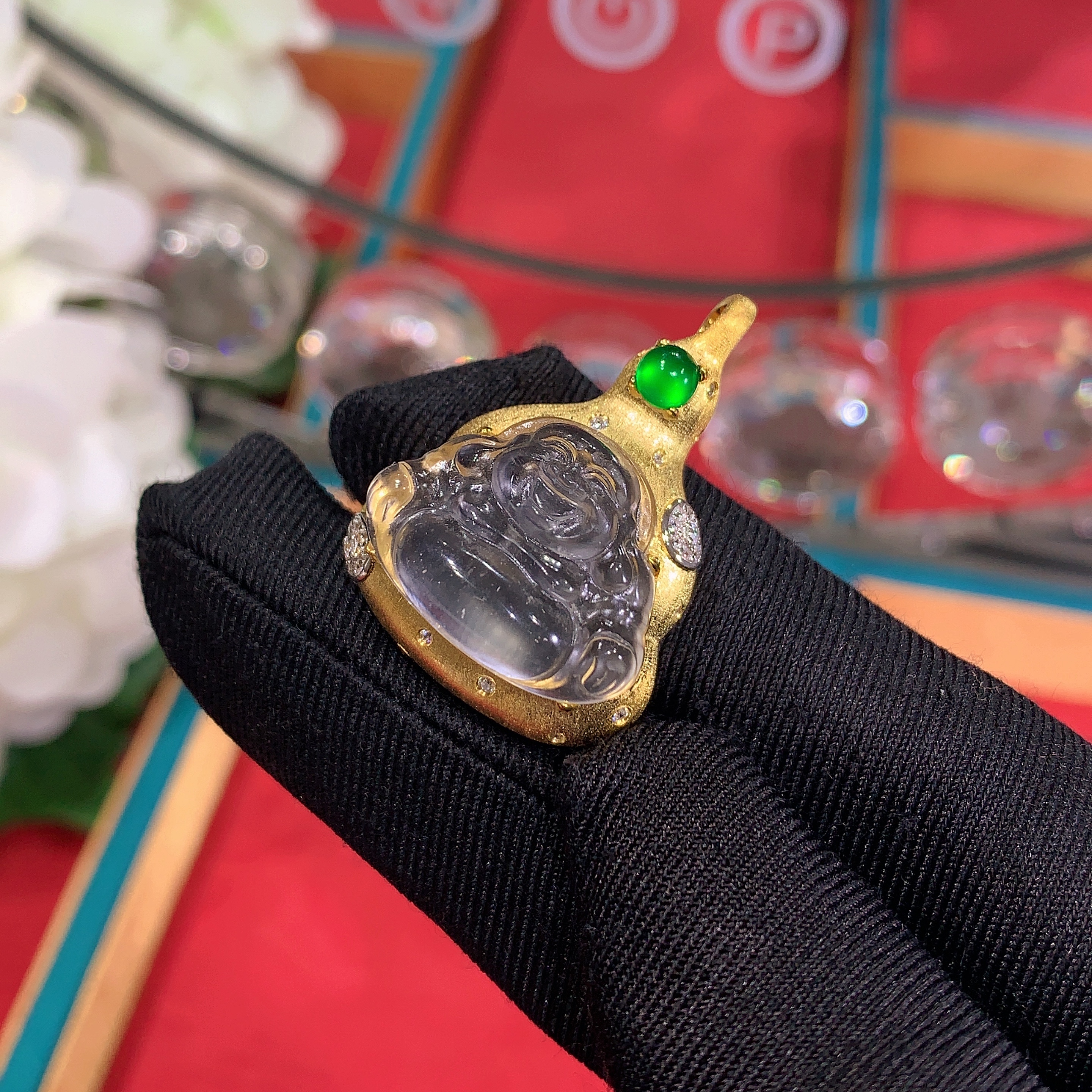 S925银镶嵌时尚设计款天然石英质玉佛公吊坠小众玉石弥勒佛挂件