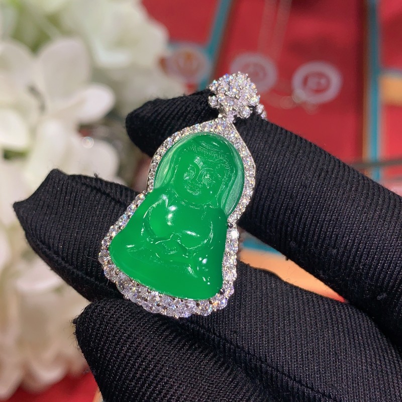 S925银镶嵌天然绿玉髓宝宝观音吊坠小众玉石菩萨时尚百搭项链挂件