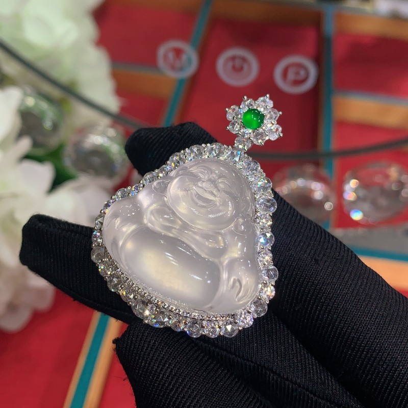 S925银镶嵌天然石英质玉弥勒佛公挂件可拆卸后盖秋冬季百搭款吊坠