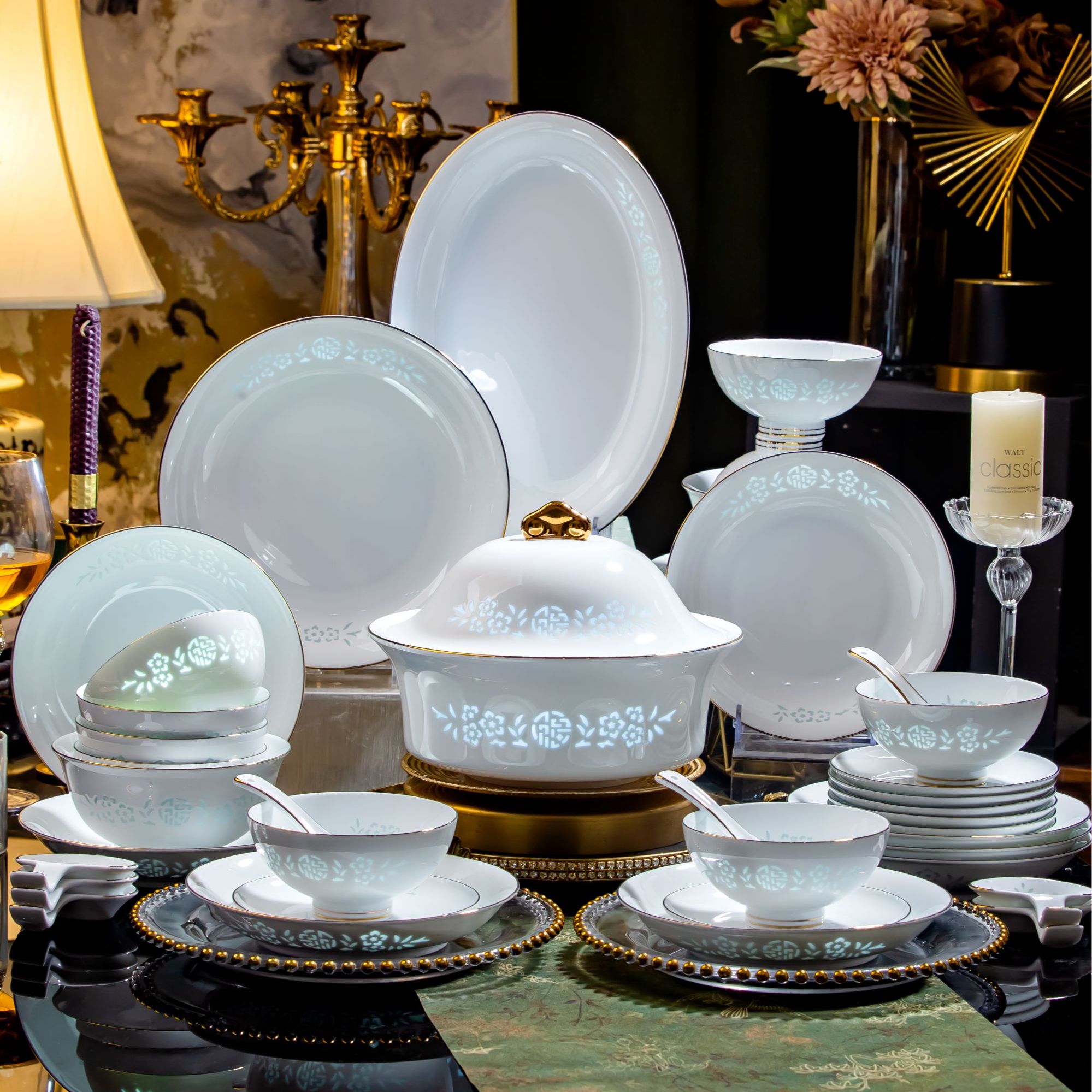 【福在眼前】58头景德镇高白泥纯手工雕刻玲珑瓷高端餐具套装