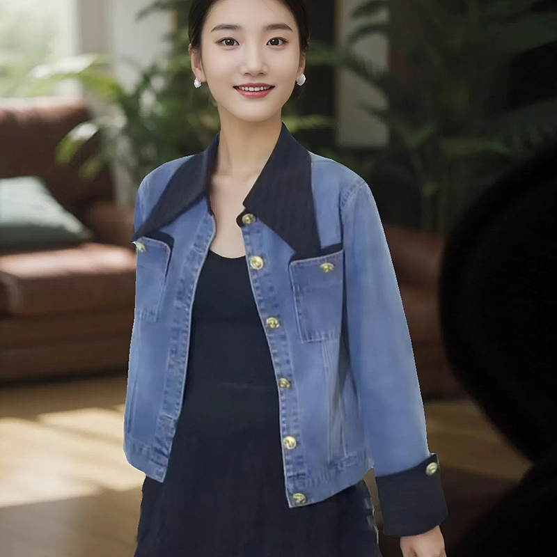 蓝色春秋季重工洗水时尚休闲百搭气质夹克小香风牛仔长袖女士短款