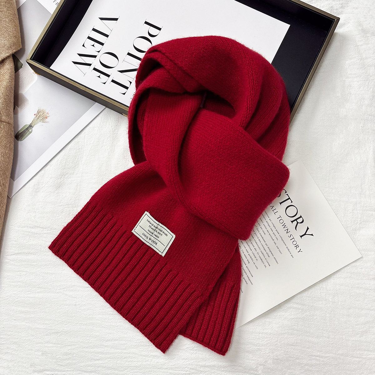 红色100%纯羊毛围巾女爆款2025新款冬季韩版百搭针织纯色保暖围脖