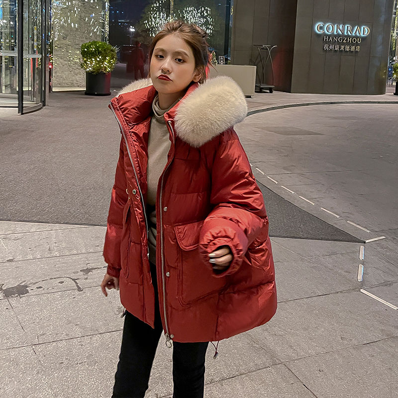 雅鹿白鸭绒羽绒服白鸭绒红色羽绒服冬2024年新款女装短款高领韩版