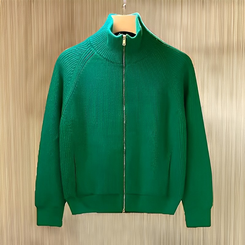 【小扬直播推荐】欧美简约高级绿立领拉链针男士长袖百搭宽松加厚
