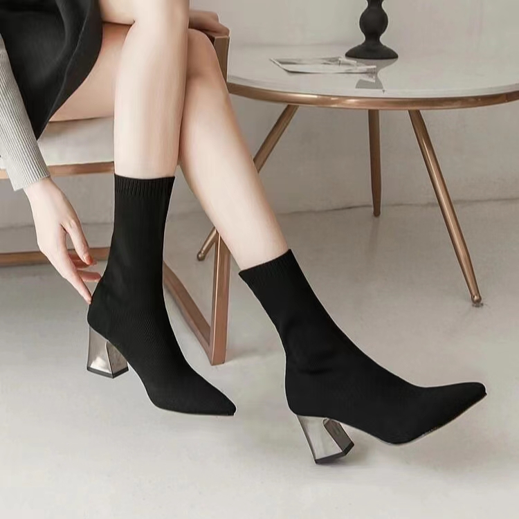 针织弹力靴女高跟秋冬季韩版粗跟时尚百搭网红袜靴中筒瘦瘦靴  