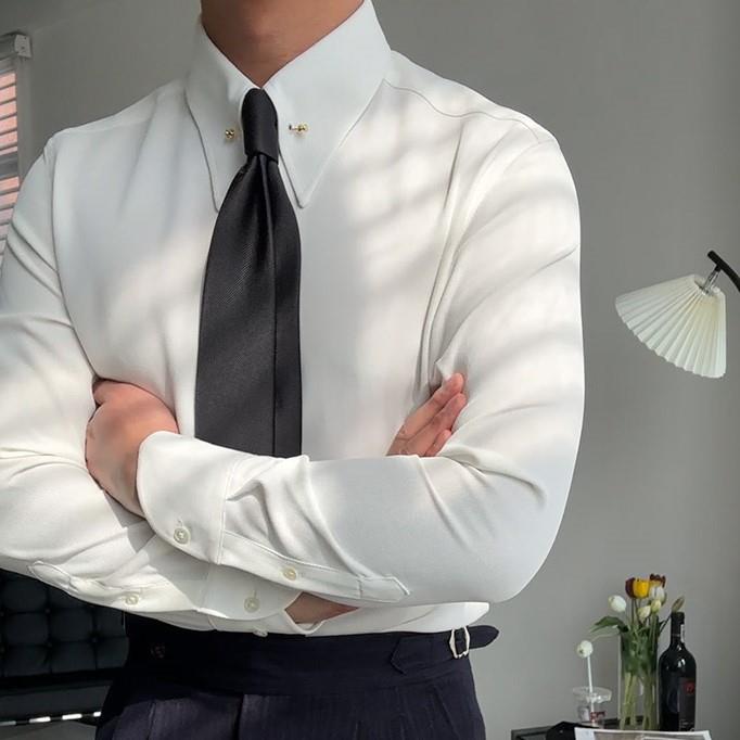 白色领衬衫式绅装复古针孔领免烫修身衬衣商务正装