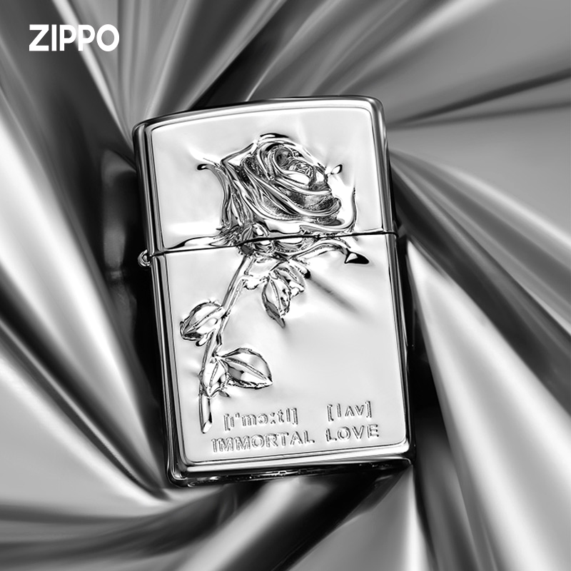 ZIPPO/之宝打火机 贴章塑封玫瑰原装男士镜面银色礼盒装 TC9801TZ