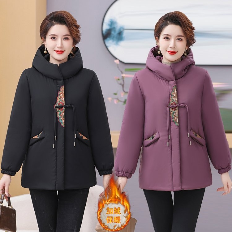【90斤-220斤】2024冬季大码妈妈装中老年加绒加厚连帽中长款棉衣