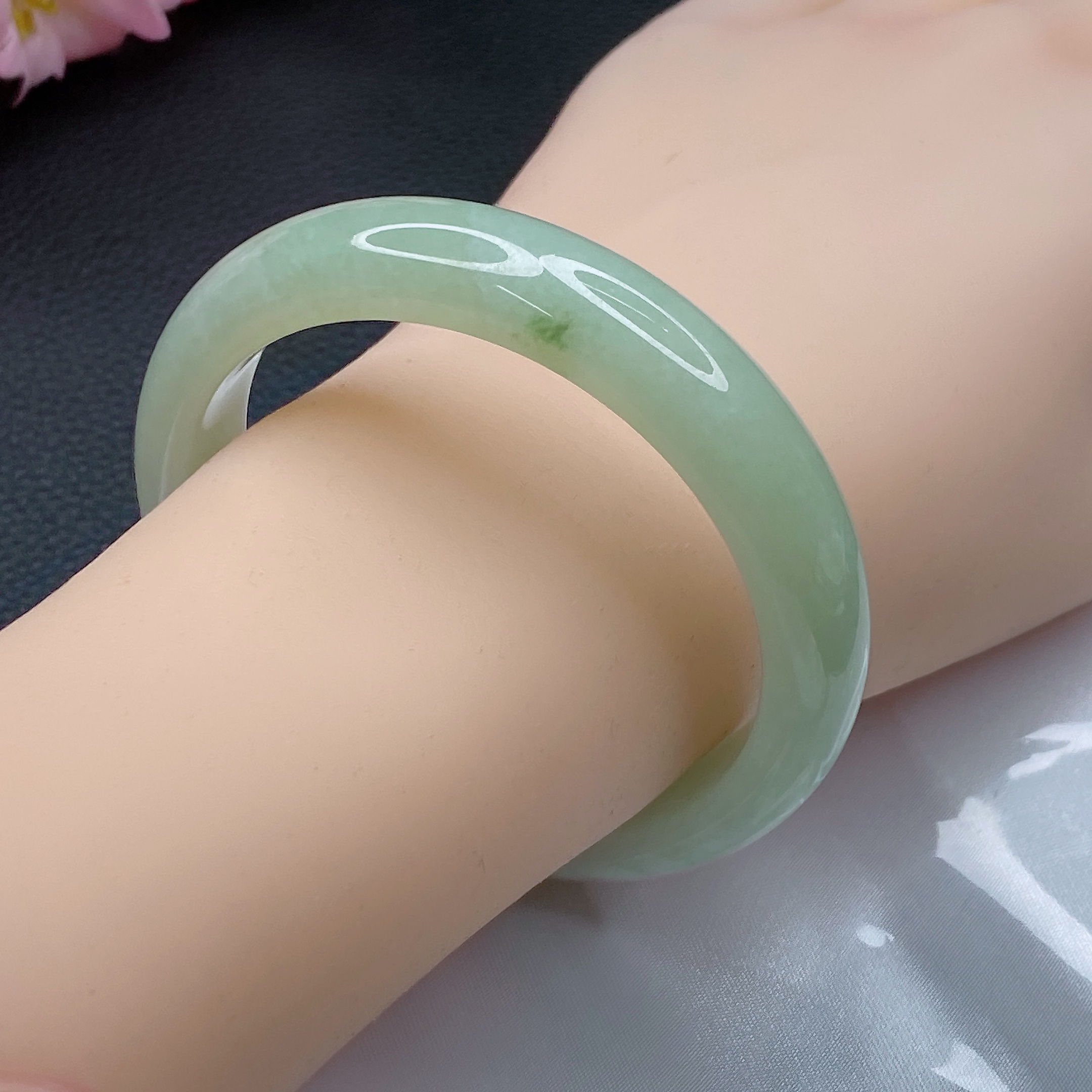 277# 缅甸天然翡翠女款A货手镯55圈冰润满绿正圈手镯平安玉镯子