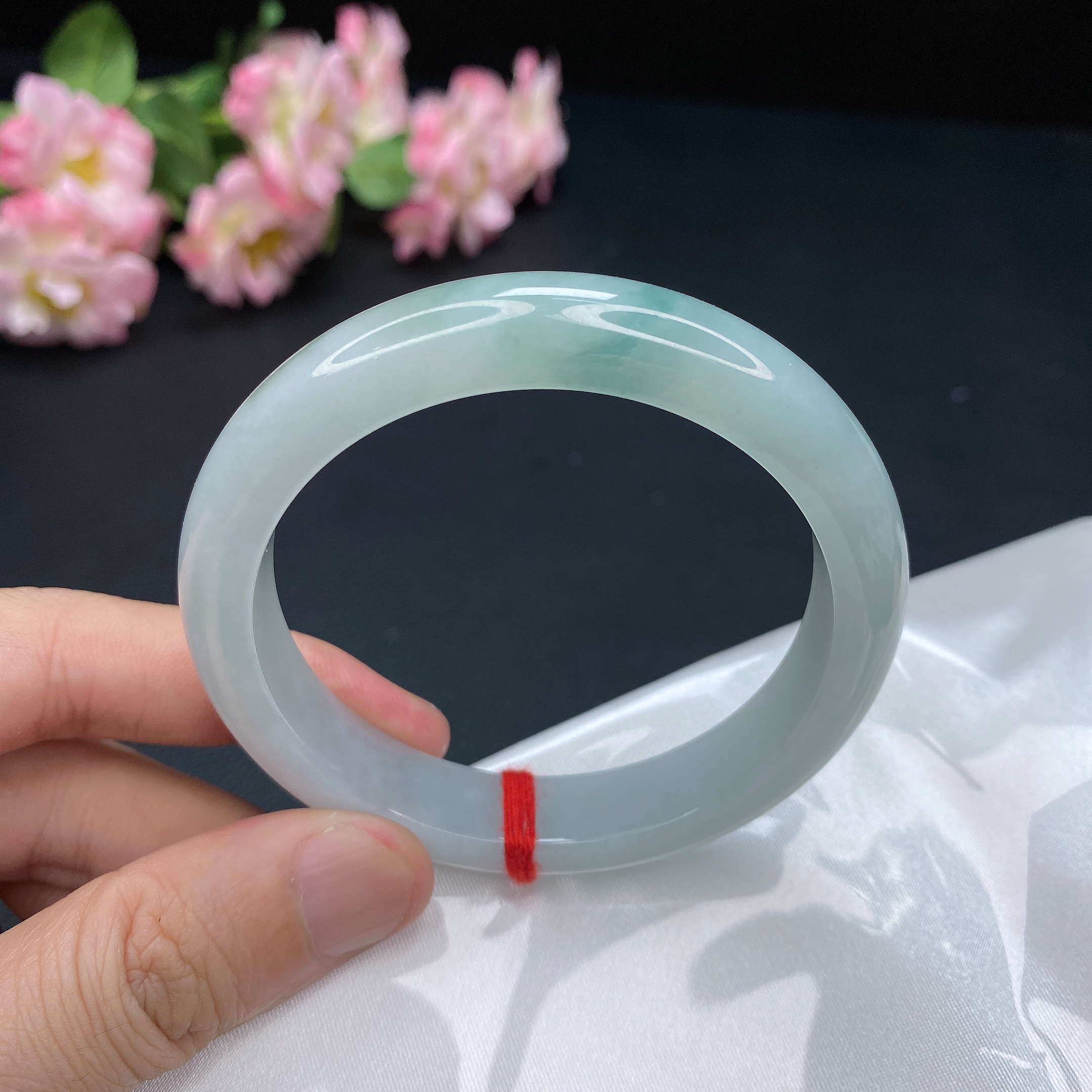 缅甸天然翡翠A货手镯 59圈冰润宽边翡翠飘花镯子宽边平安玉手镯