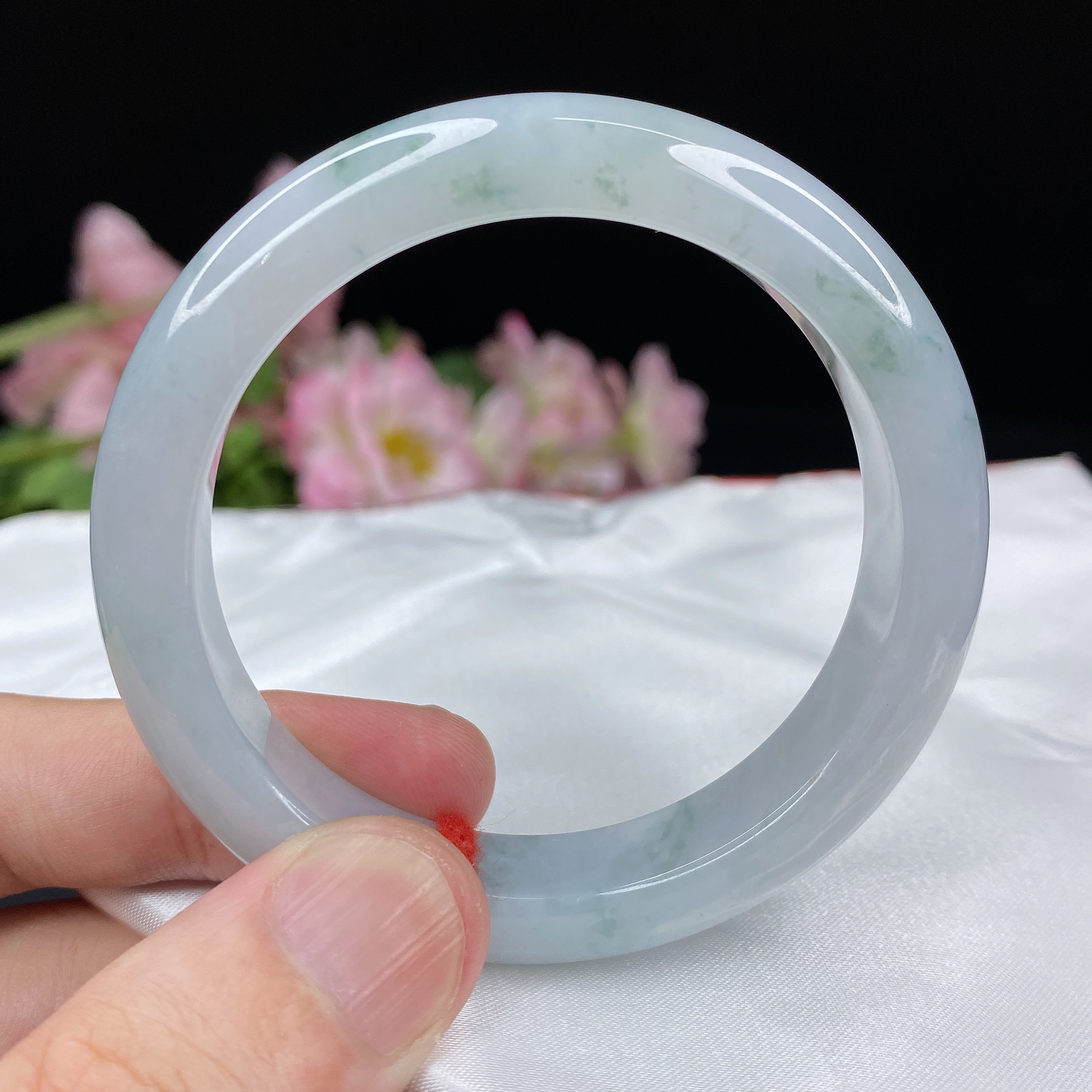 011#缅甸天然翡翠A货手镯53.3-12-8.4mm冰润飘花正圈宽边女生款