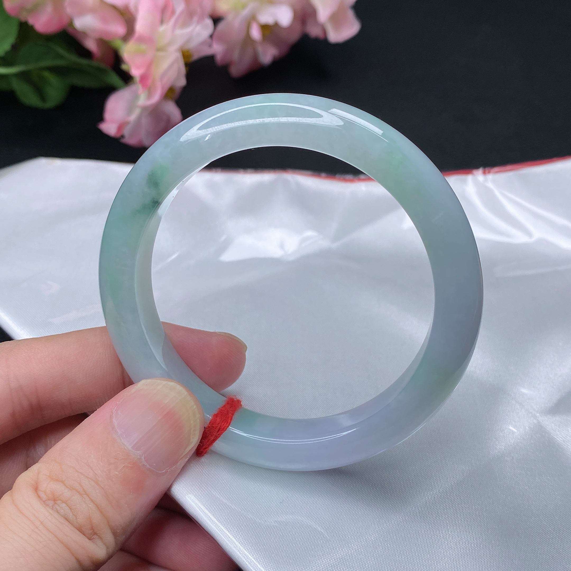 042#天然缅甸翡翠A货手镯 57-11.2-9.0mm冰润飘花淡春彩正圈镯子