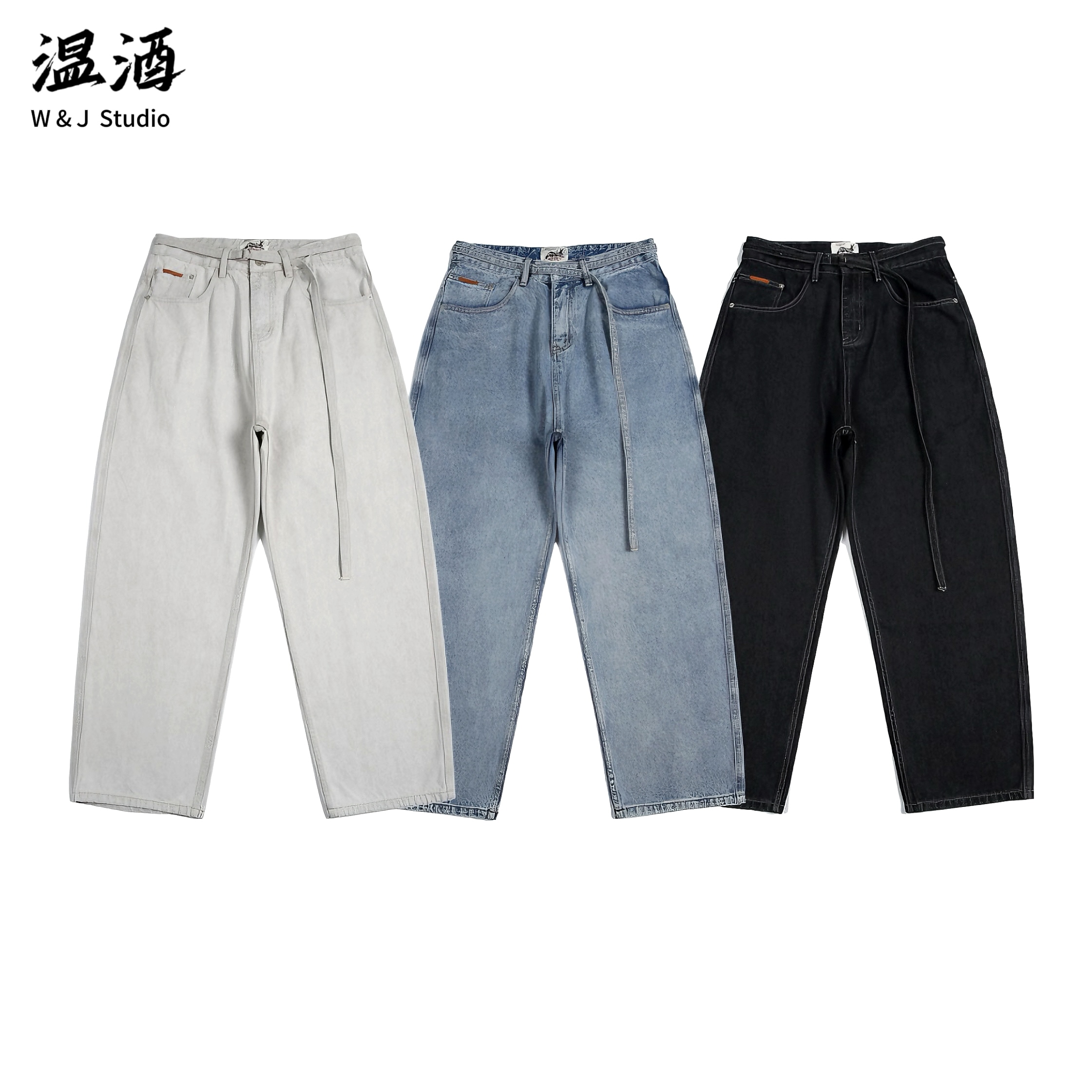 【微宽松直筒】水洗做旧腰带牛仔裤 加长版显瘦牛仔裤