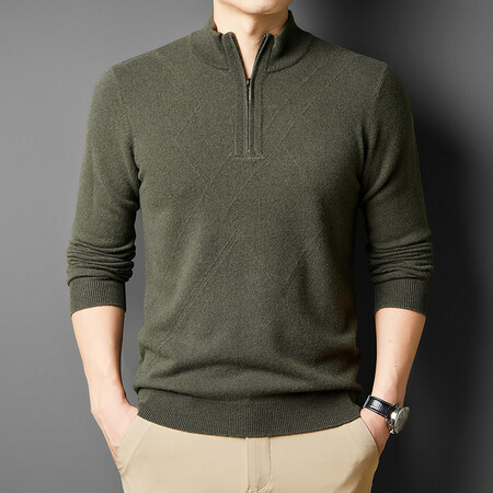织厘四季山羊绒男士长袖宽松休闲半高拉链厚款纯色保暖秋冬针织衫