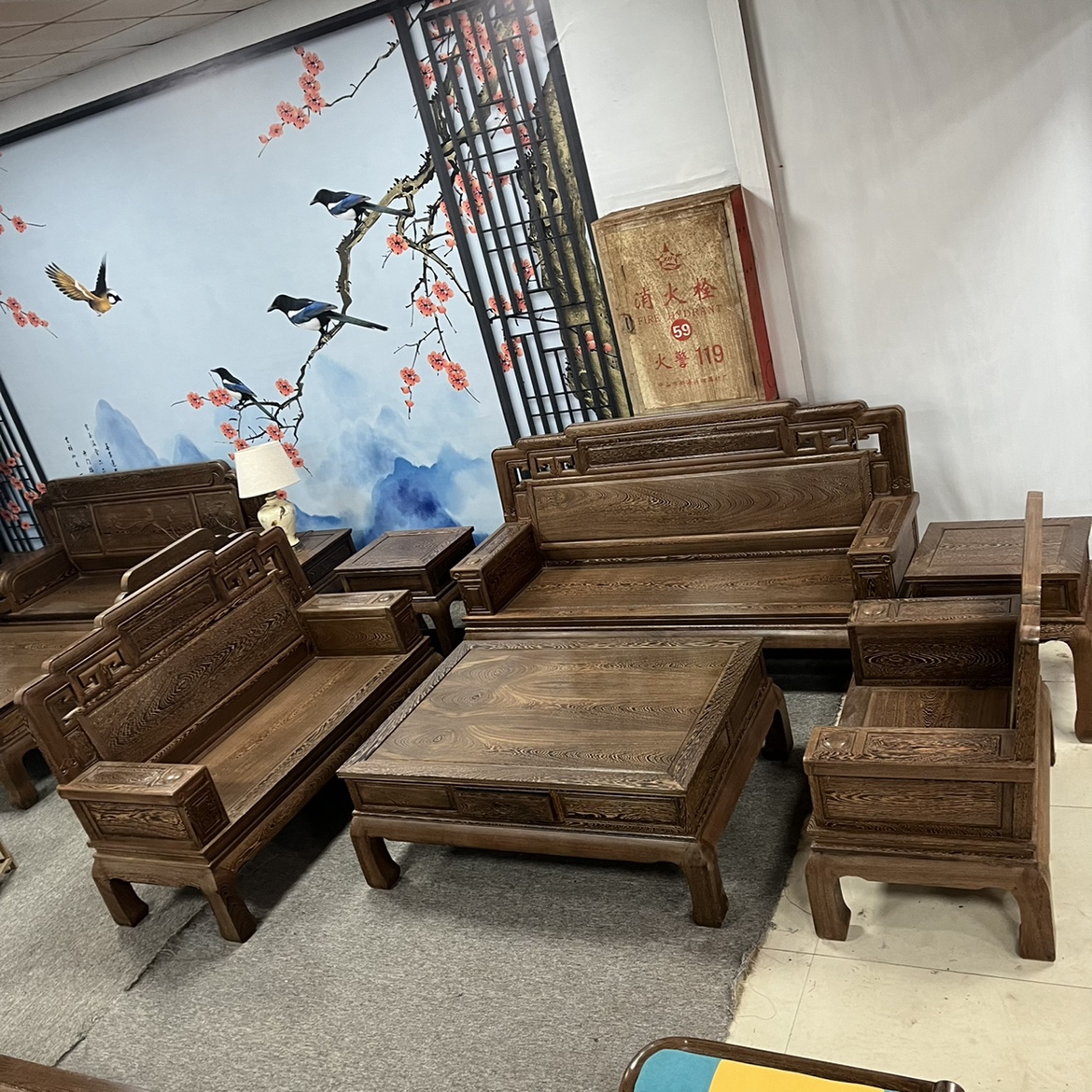 鸡翅木国色天香沙发全实木素面红木沙发大户型简约别墅沙发六件套