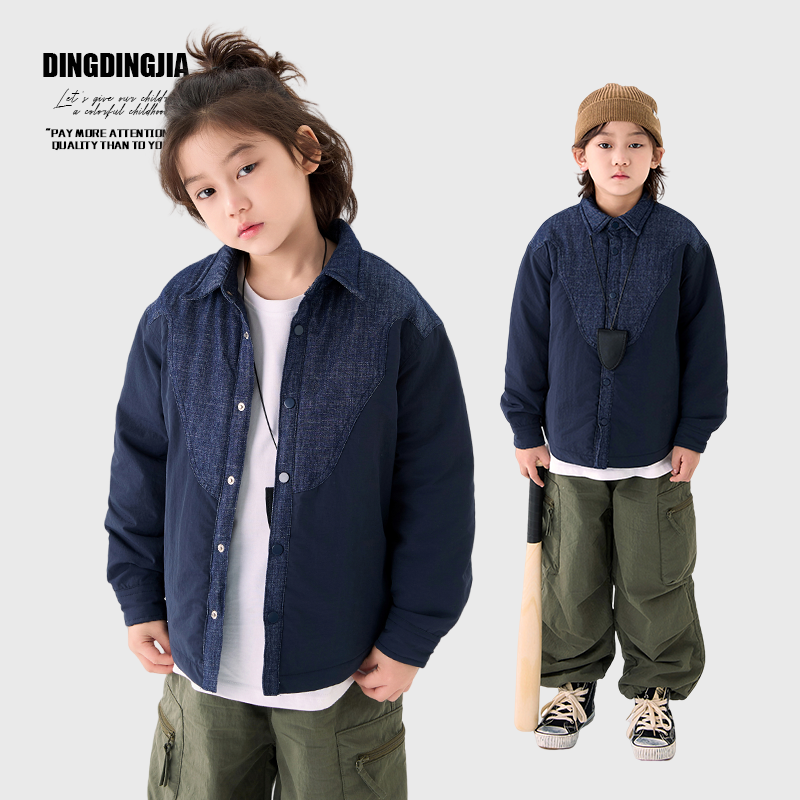 【现柔软厚实】冬季男孩牛仔夹棉衬衫冬款棉服儿童加厚保暖外套4542