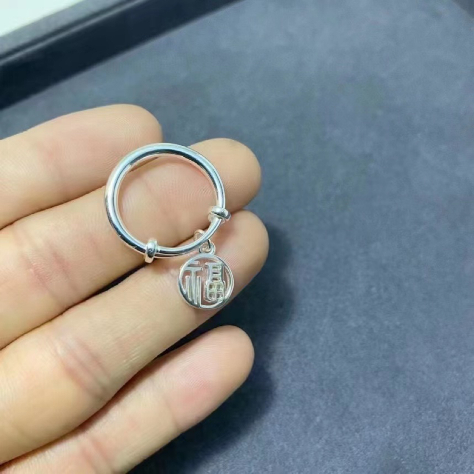 足银戒指 小福牌戒指纯银戒指足银990实心戒指个性推拉调节女戒指