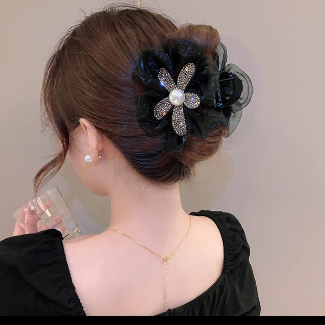 高级感水钻花朵网纱抓夹女后脑勺盘发鲨鱼夹子头饰优雅发夹半扎发